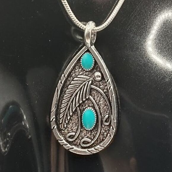 925 Silver Necklace w/ Turquoise Feather Teardrop Pendant Valentines Gift - NEW! - Picture 3 of 6